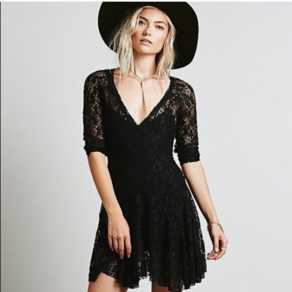 •Free People• Black Lace Slip Dress